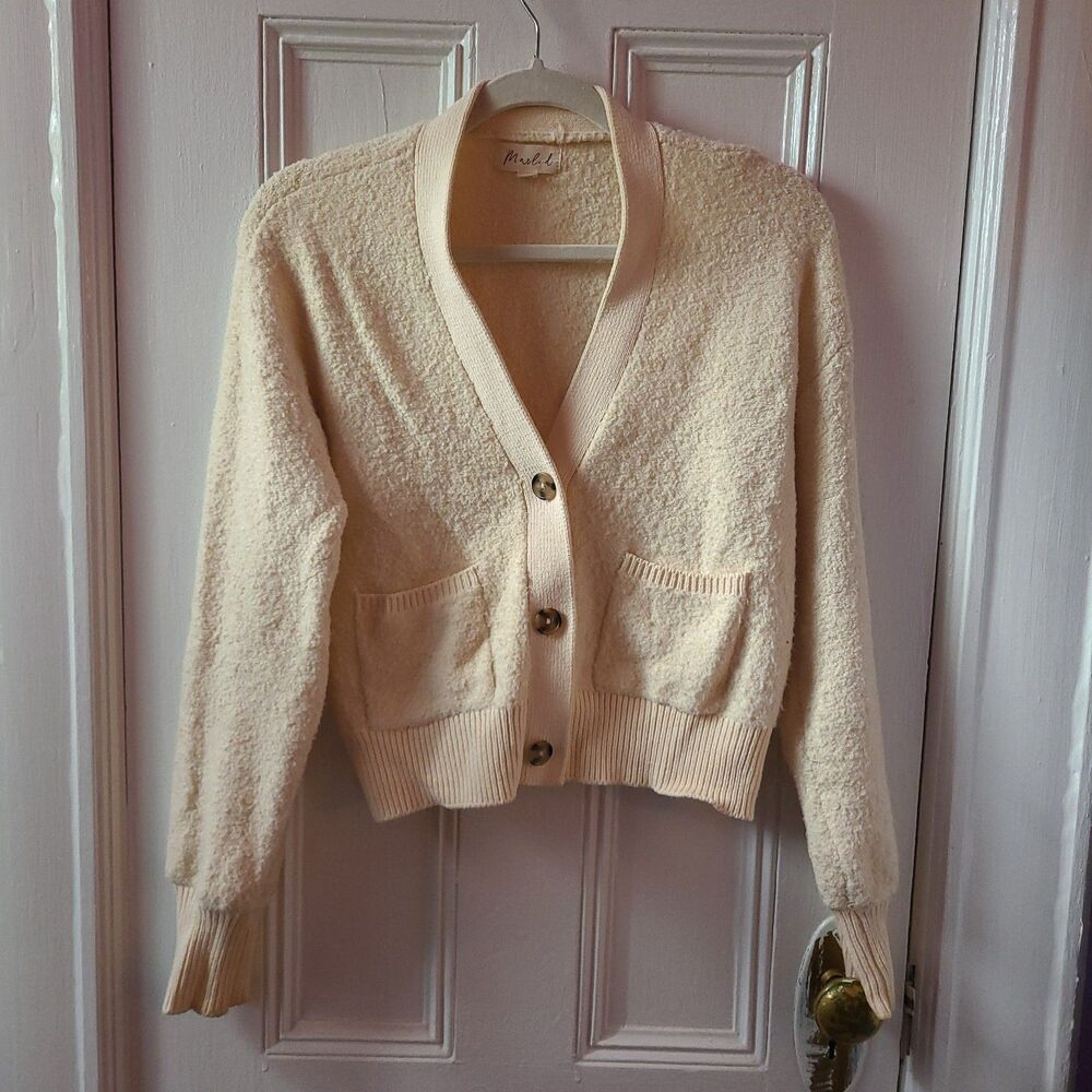 Marled Women’s Cream Knit V-Neck Button Front Cardigan Sweater Pockets S